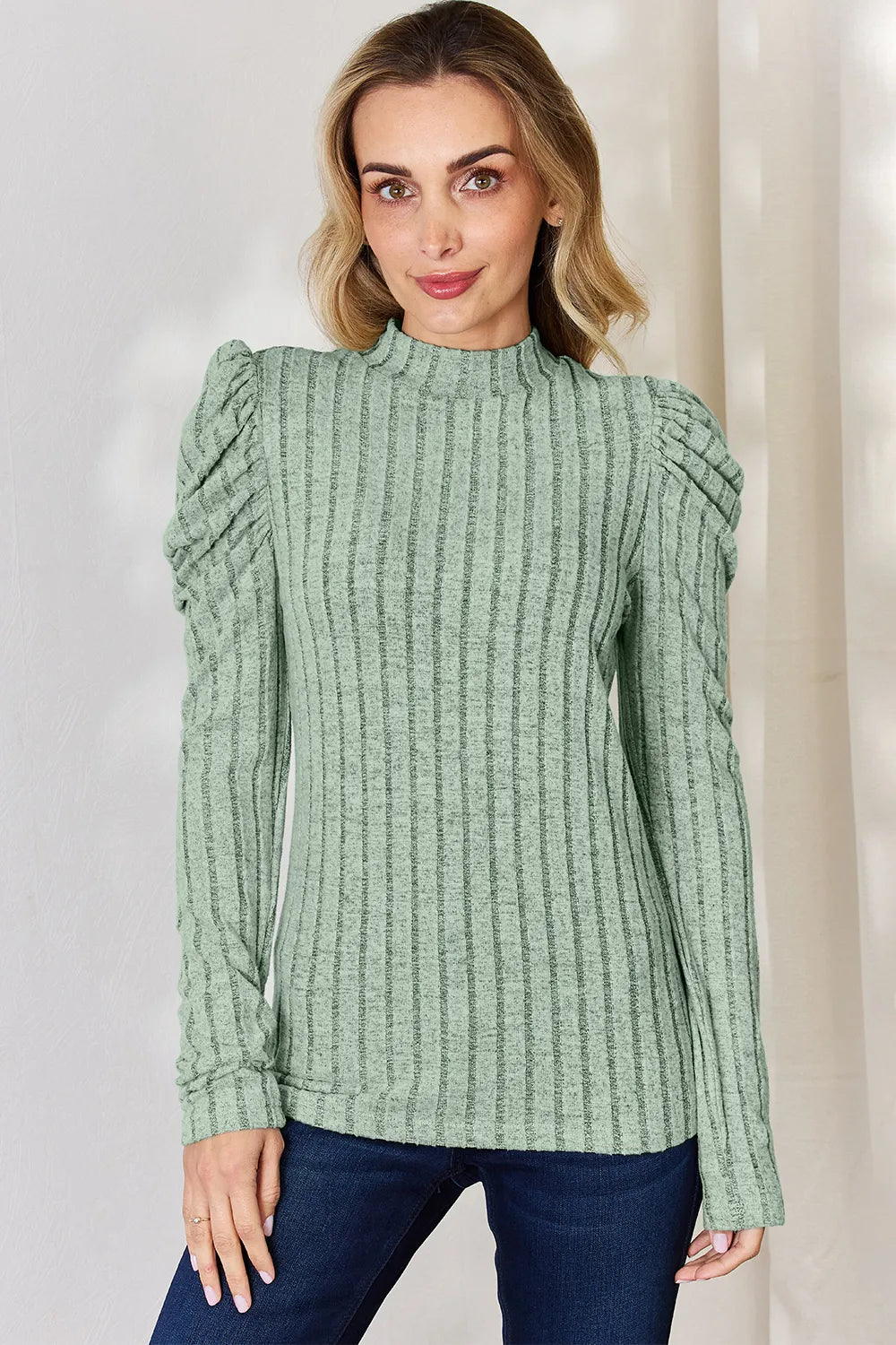 Plus Size Ribbed Mock Neck Puff Sleeve T-Shirt in Light Green for Women