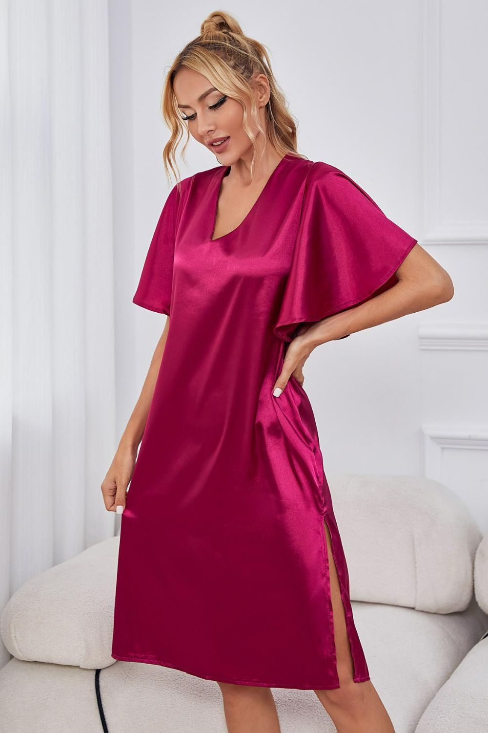 Satin Flutter Sleeve Side Slit V-Neck Night Dress in Vivid Cerise for Women