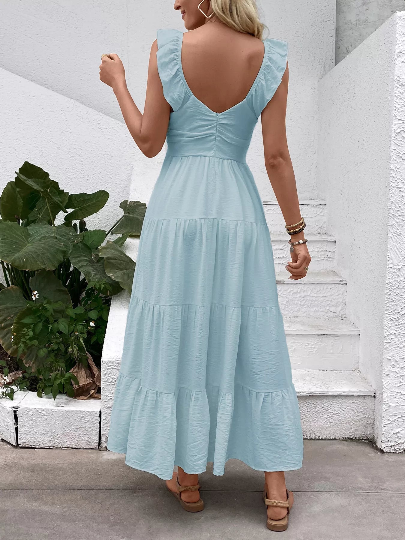 V-Neck Tiered Dress with Flutter Sleeves in Blush Pink for Women