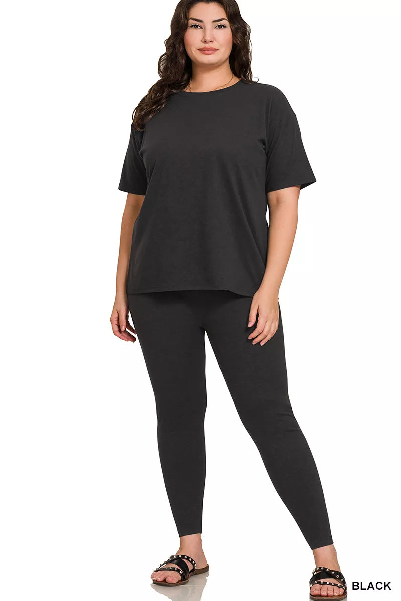 Brushed Dty Microfiber Short Sleeve Top and Pants Loungewear Set Plus Size in Black for Women