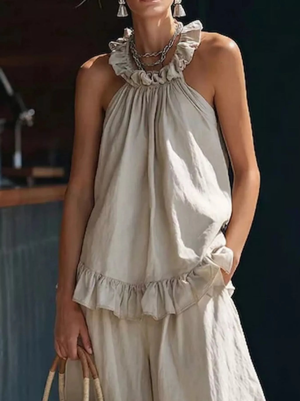 Plus Size Ruffled Halter Neck Top and Wide Leg Pants Set in Blue for Women