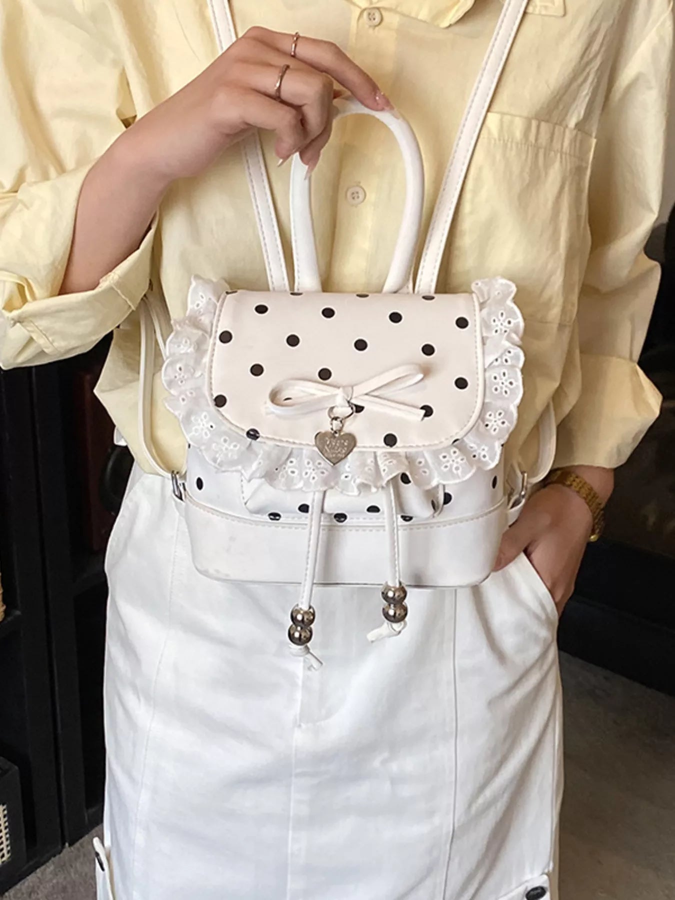 Polka Dot Lace Trim Backpack Bag in Black for Women