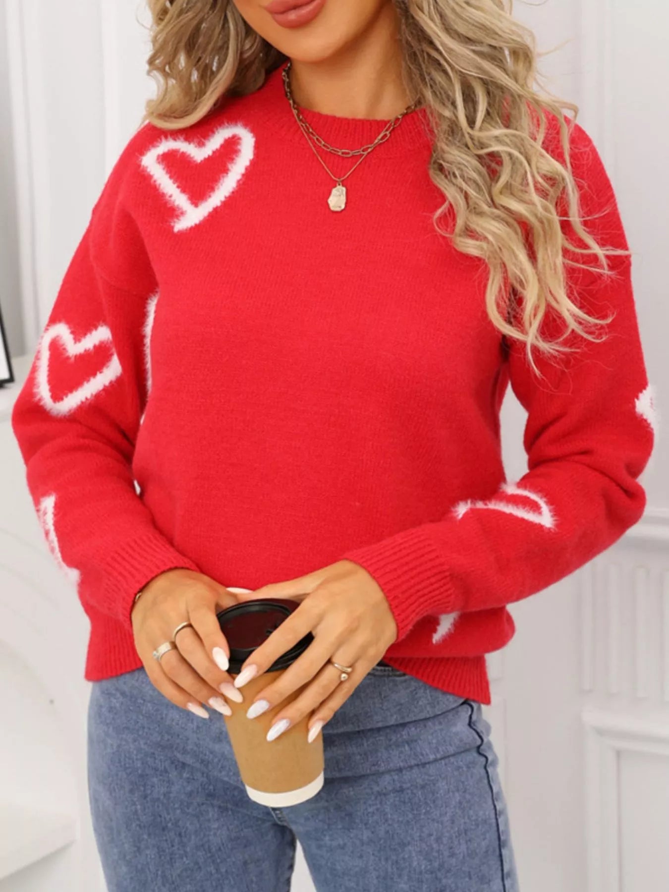 Valentines Day Heart Print Crew Neck Sweater in Red for Women