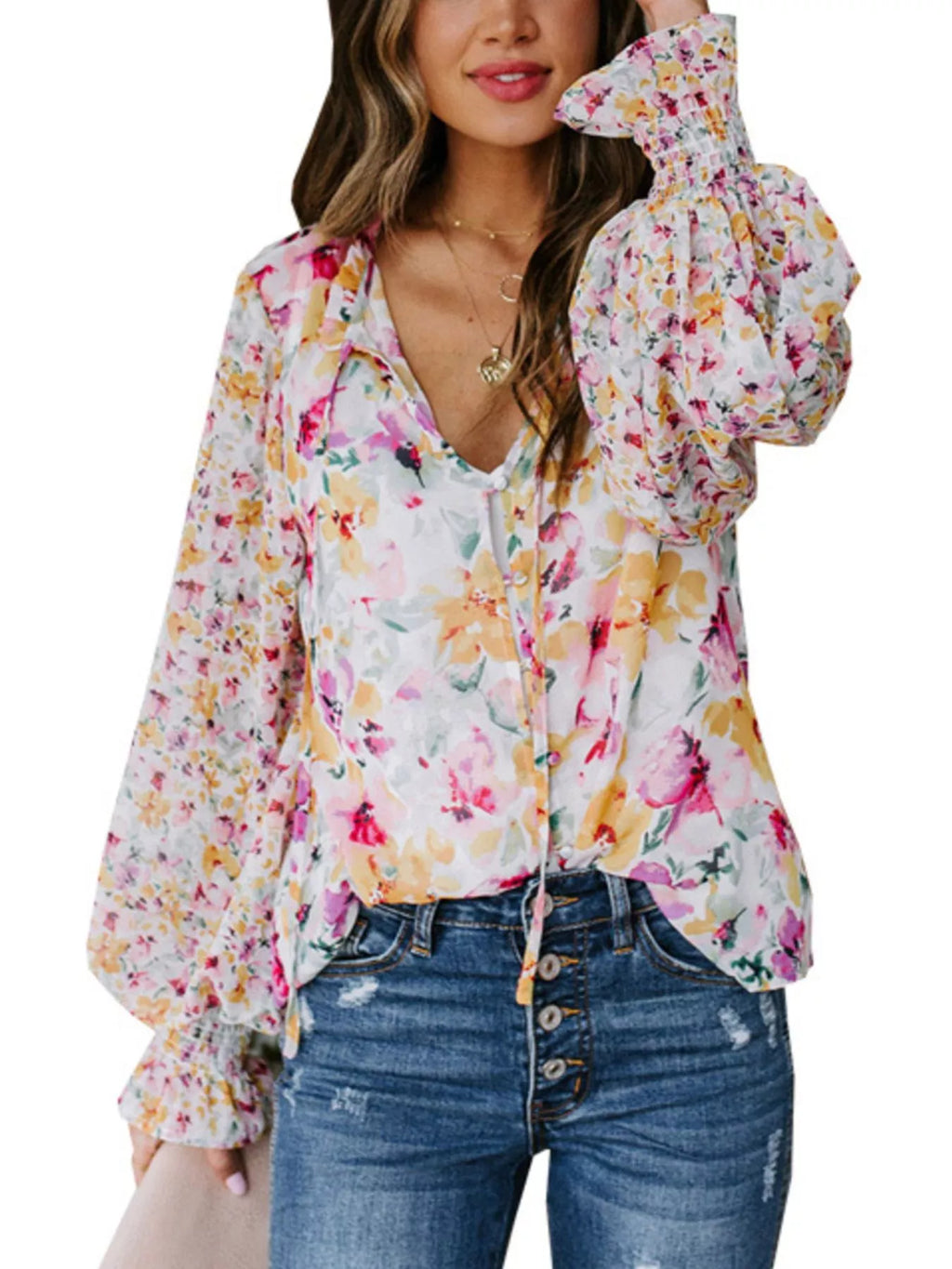 Floral Print Smocked Cuff Blouse Plus Size in Pink for Women