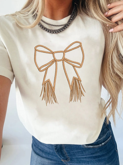 Bowknot Western Round Neck T-Shirt in White for Women