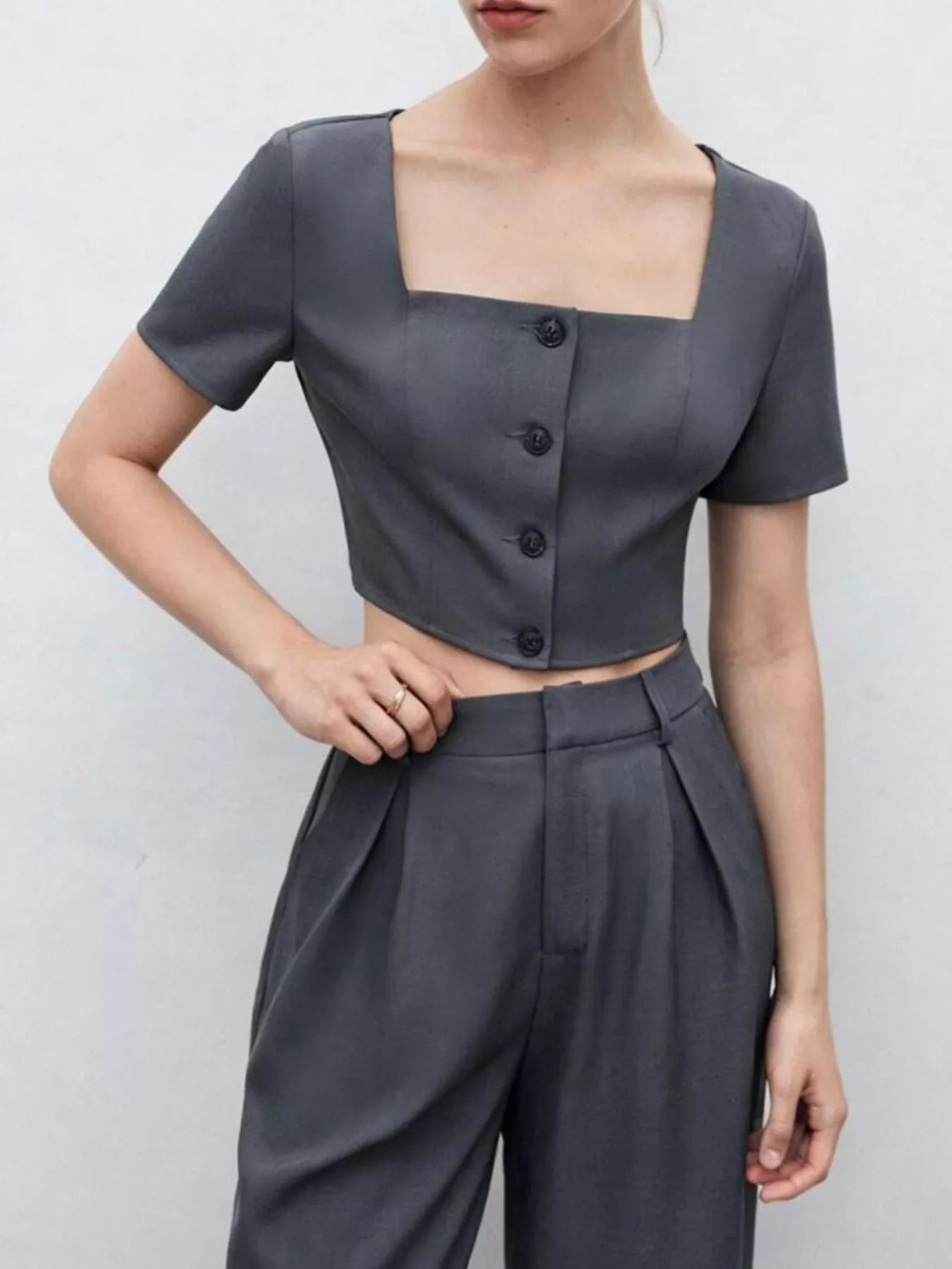 Square Neck Crop Top and Wide Leg Pants Set in Dark Gray for Women