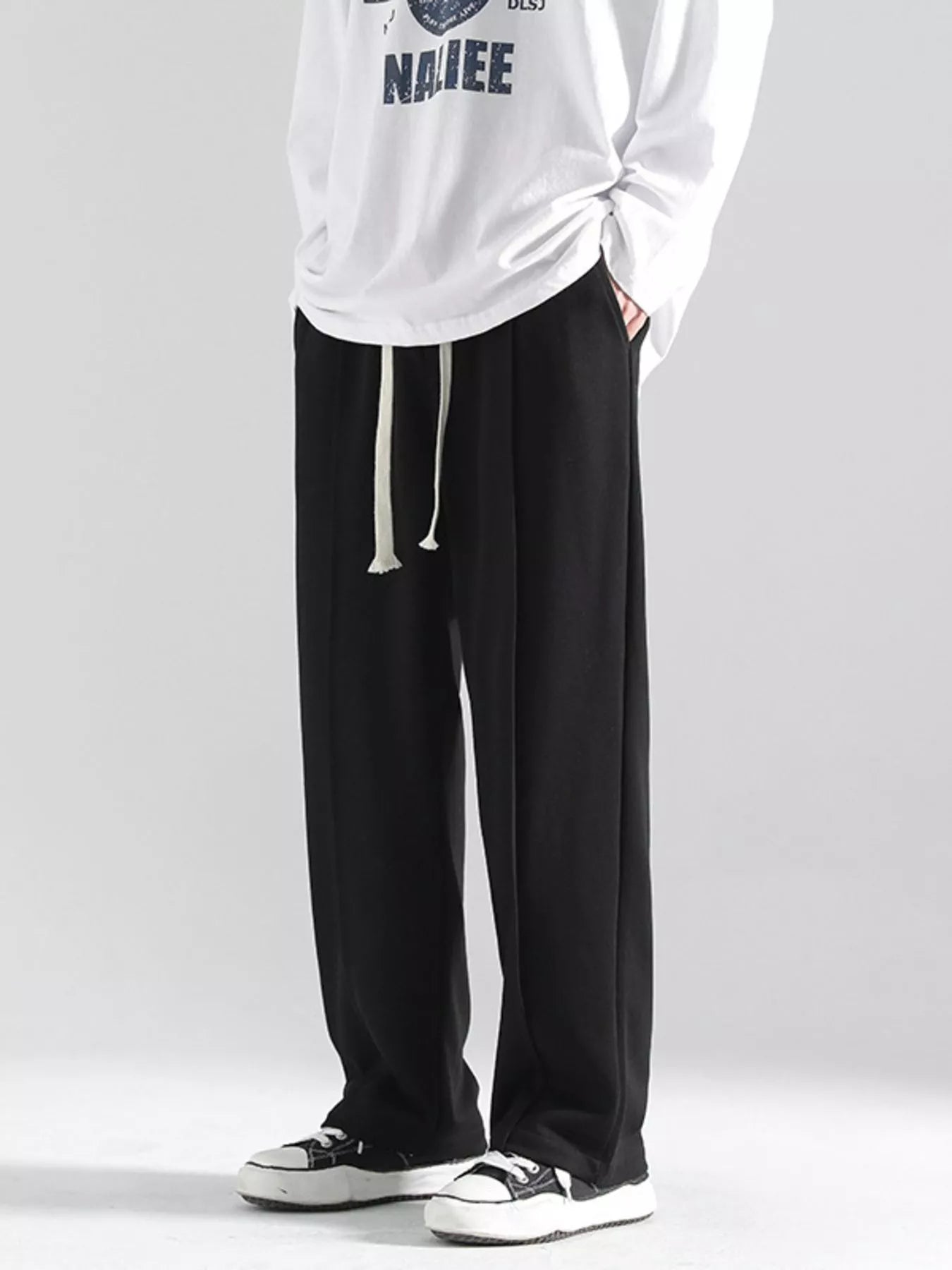 Plus Size Casual Wide Leg Drawstring Pants in Black for Men