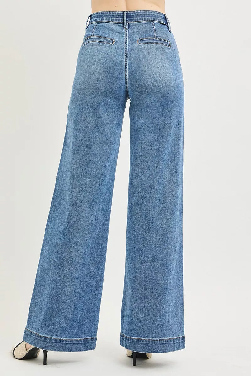 Tummy Control Elastic Band High Rise Wide Jeans in Medium for Women