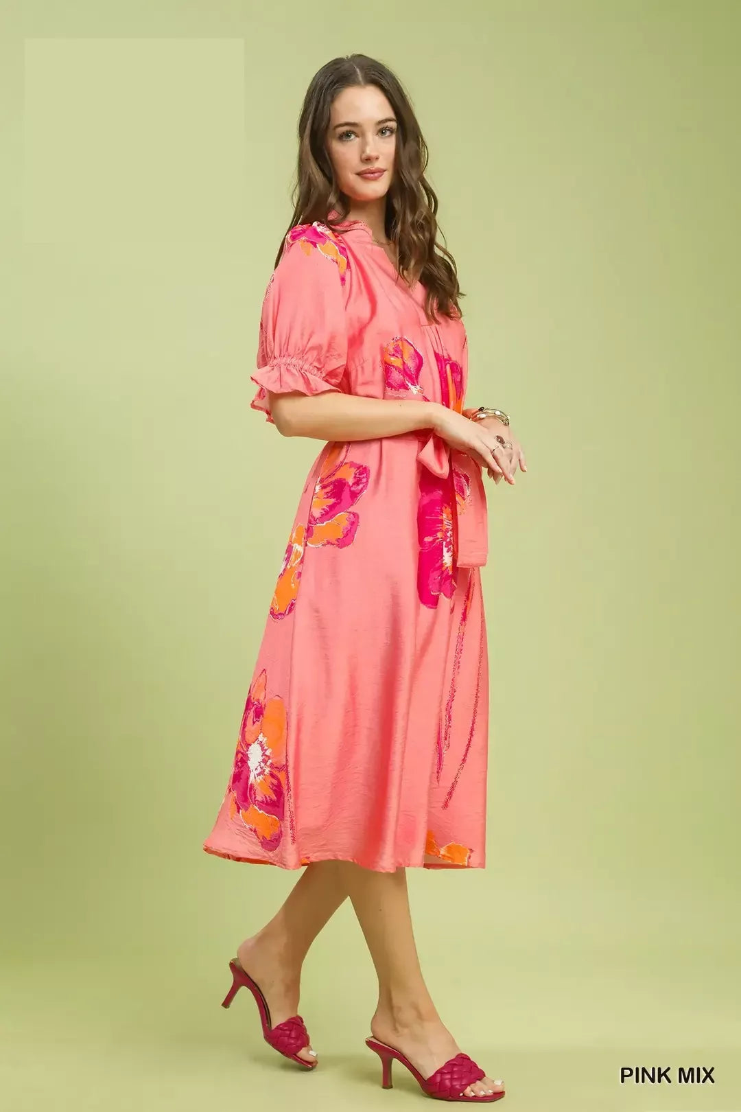 Floral Flounce Sleeve Midi Dress with Belted in Pinkmix for Women