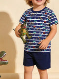 Vehicle Print Striped Tee & Shorts Set in Dark Navy for Boys