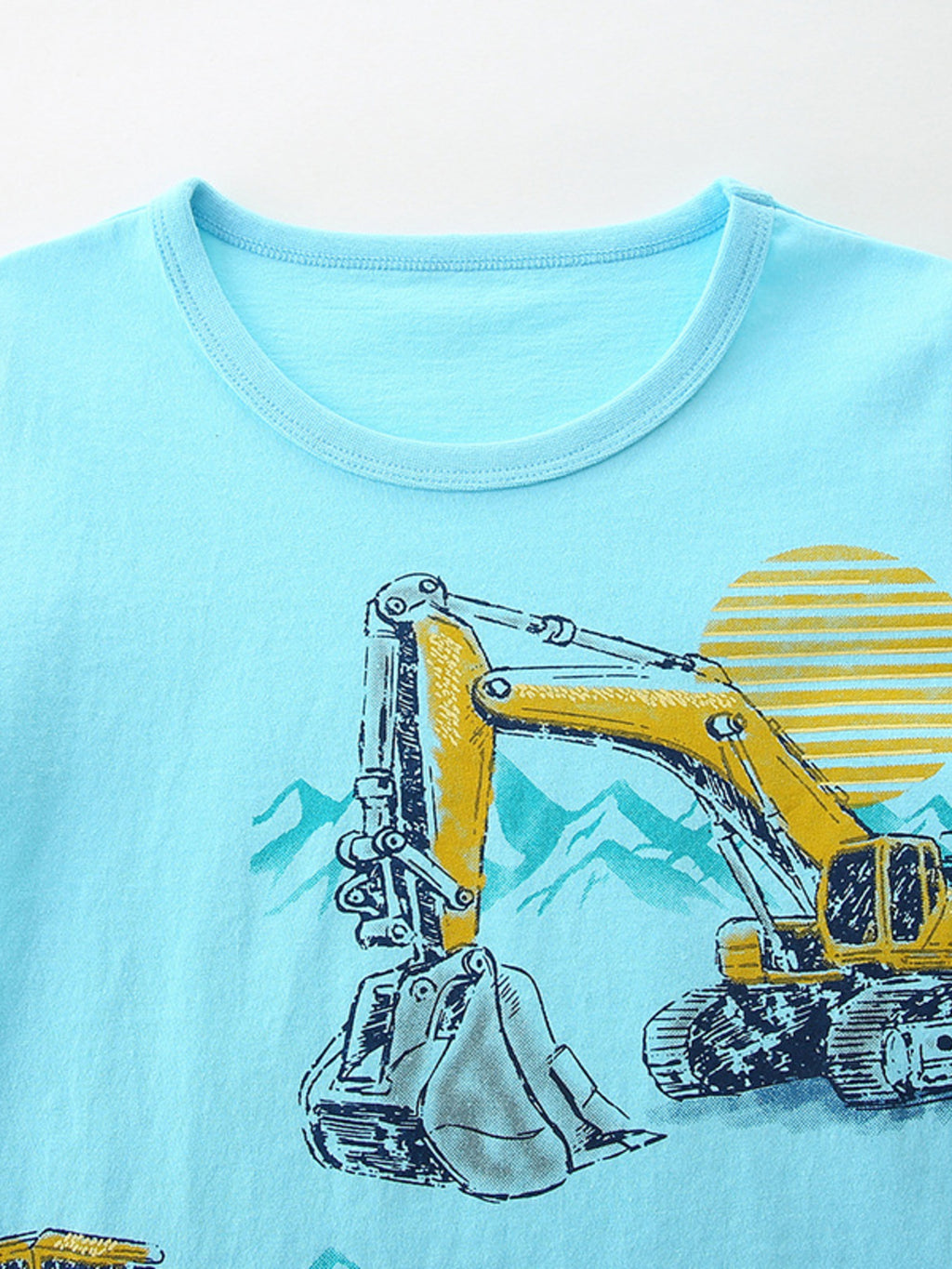 Excavator Print Short Sleeve T-Shirt in Pastel Blue for Boys