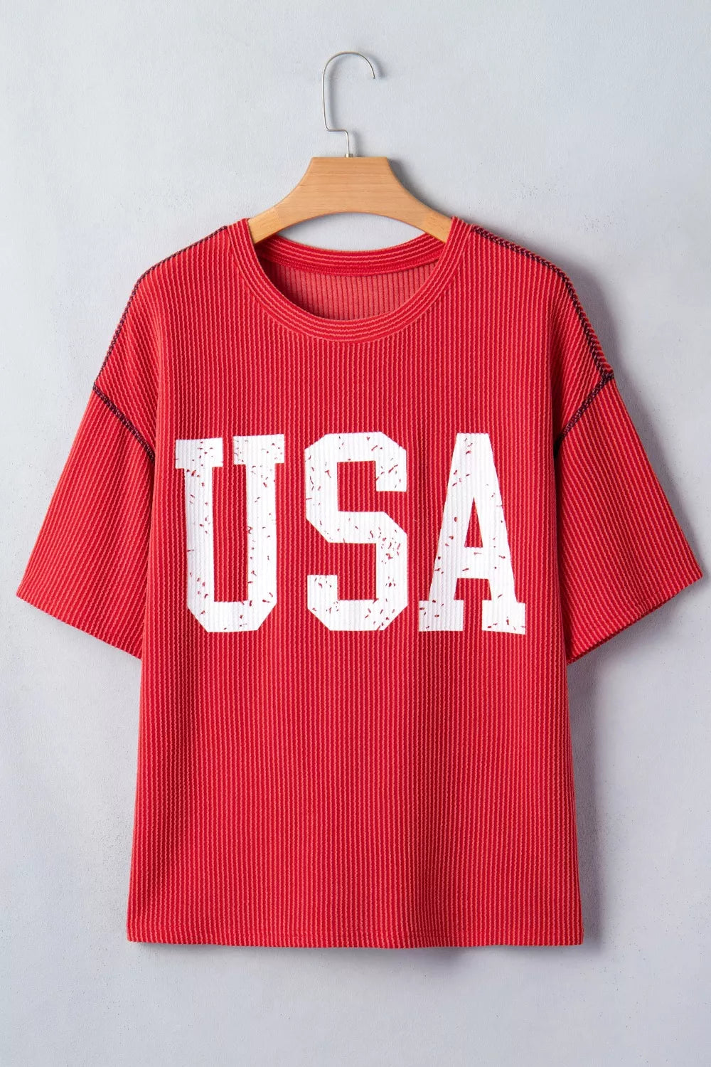 Twisted Rib Vintage USA Letter Printed T-Shirt in Scarlet for Women