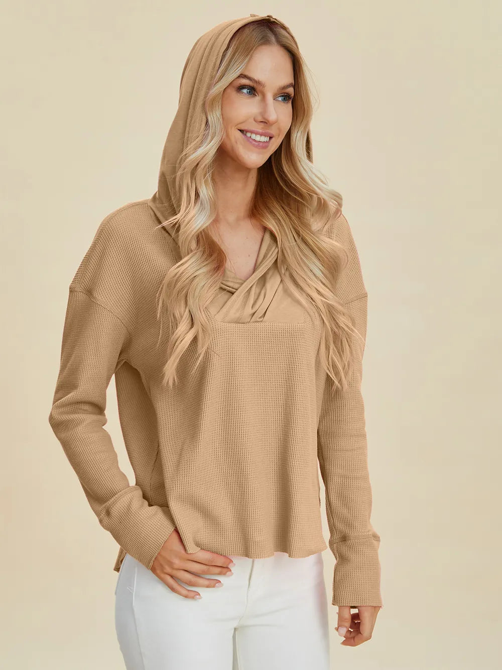 Plus Size High-Low Dropped Shoulder Long Sleeve Hoodie in Camel for Women