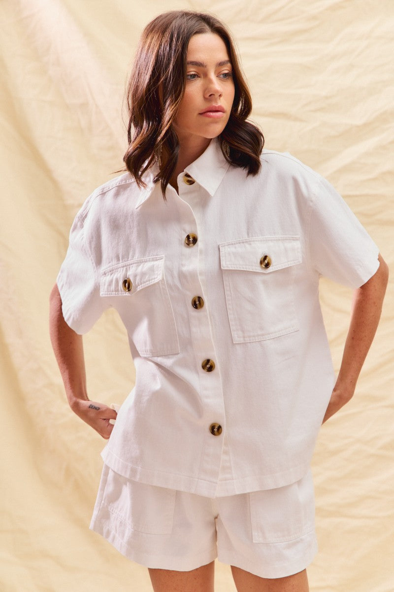 Button Down Denim Game Day Top and Shorts Set in Off White for Women