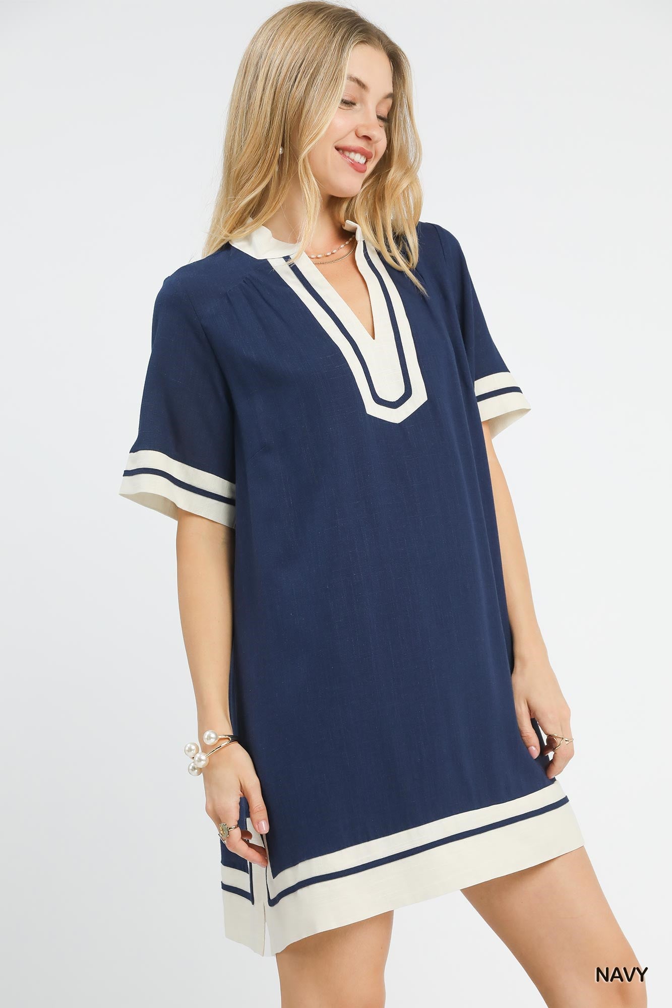 Linen Rayon Mini Dress in Navy for Women