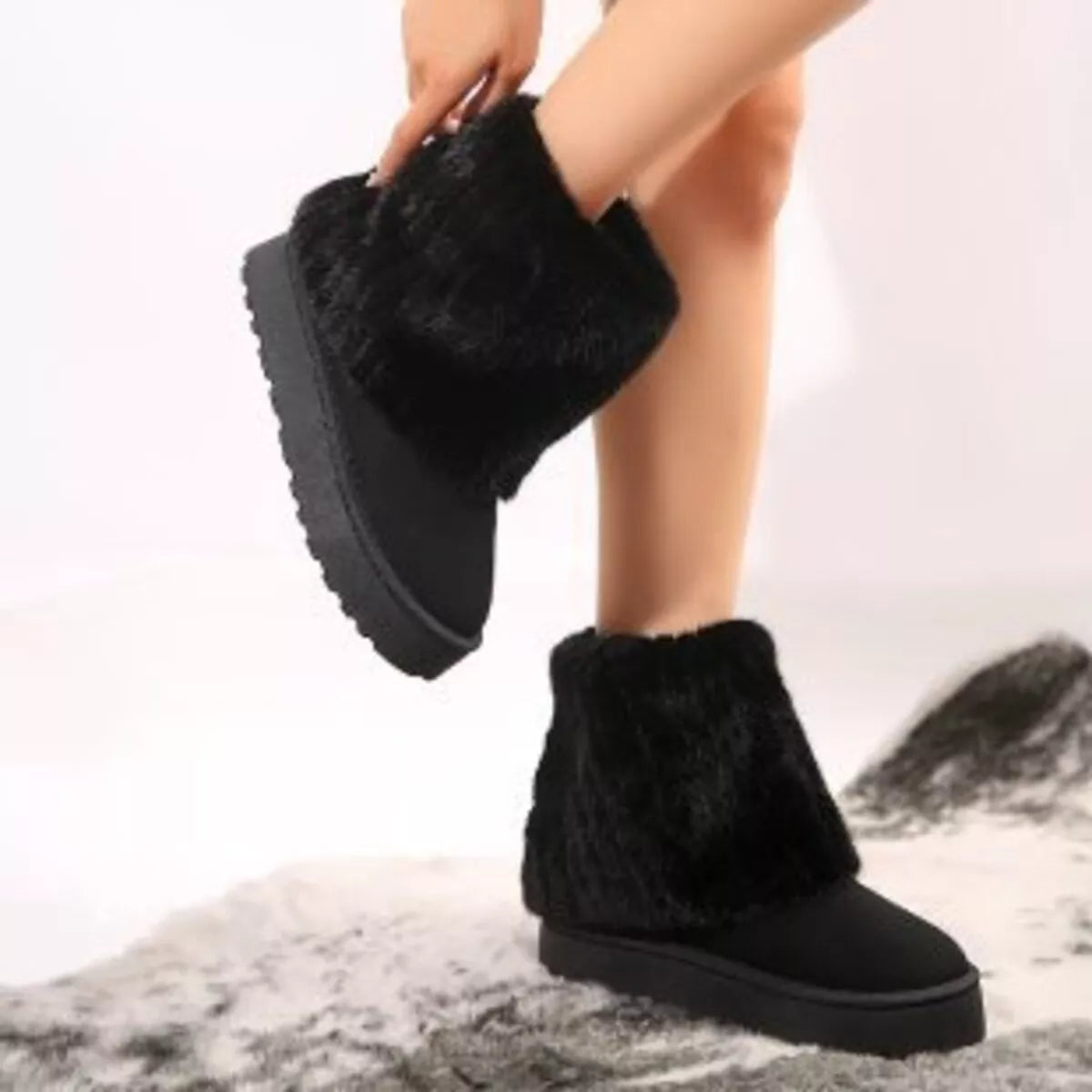 Fuzzy Round Toe Platform Boots in Camel for Women