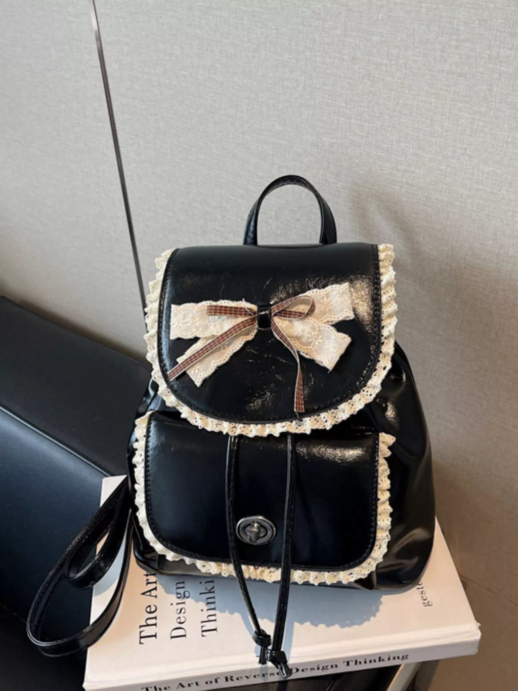 Lace Trim Bow Decor Backpack Bag in Blue for Women