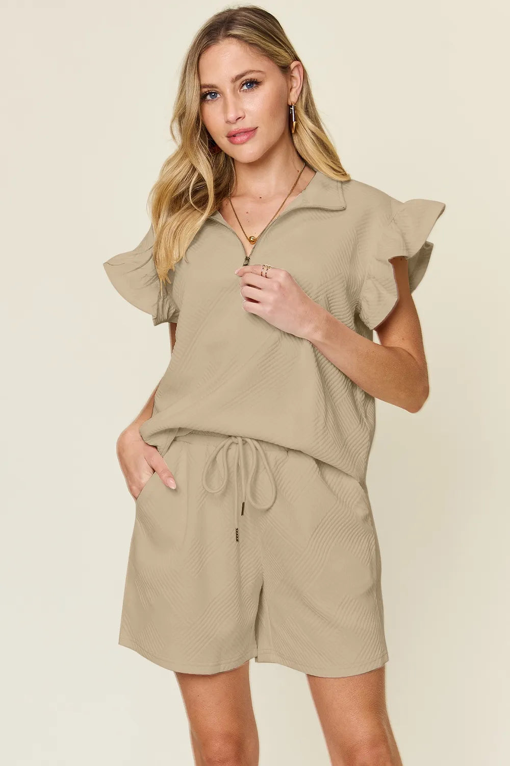 Plus Size Texture Flounce Sleeve Top and Drawstring Shorts Set in Lavender for Women