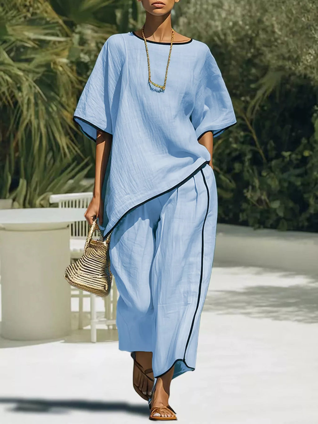 Contrast Trim Round Neck Top and Pants Set in White for Women