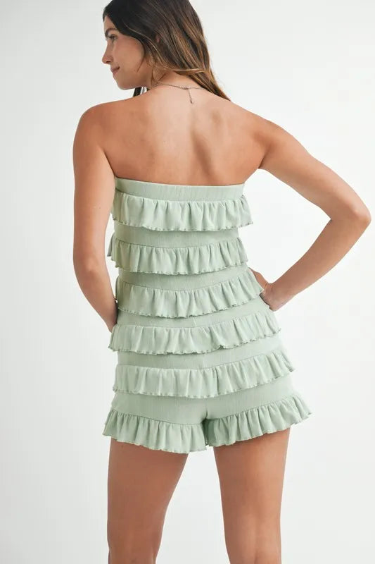 Pointelle Knit Fabric Ruffled Tube Romper for Women