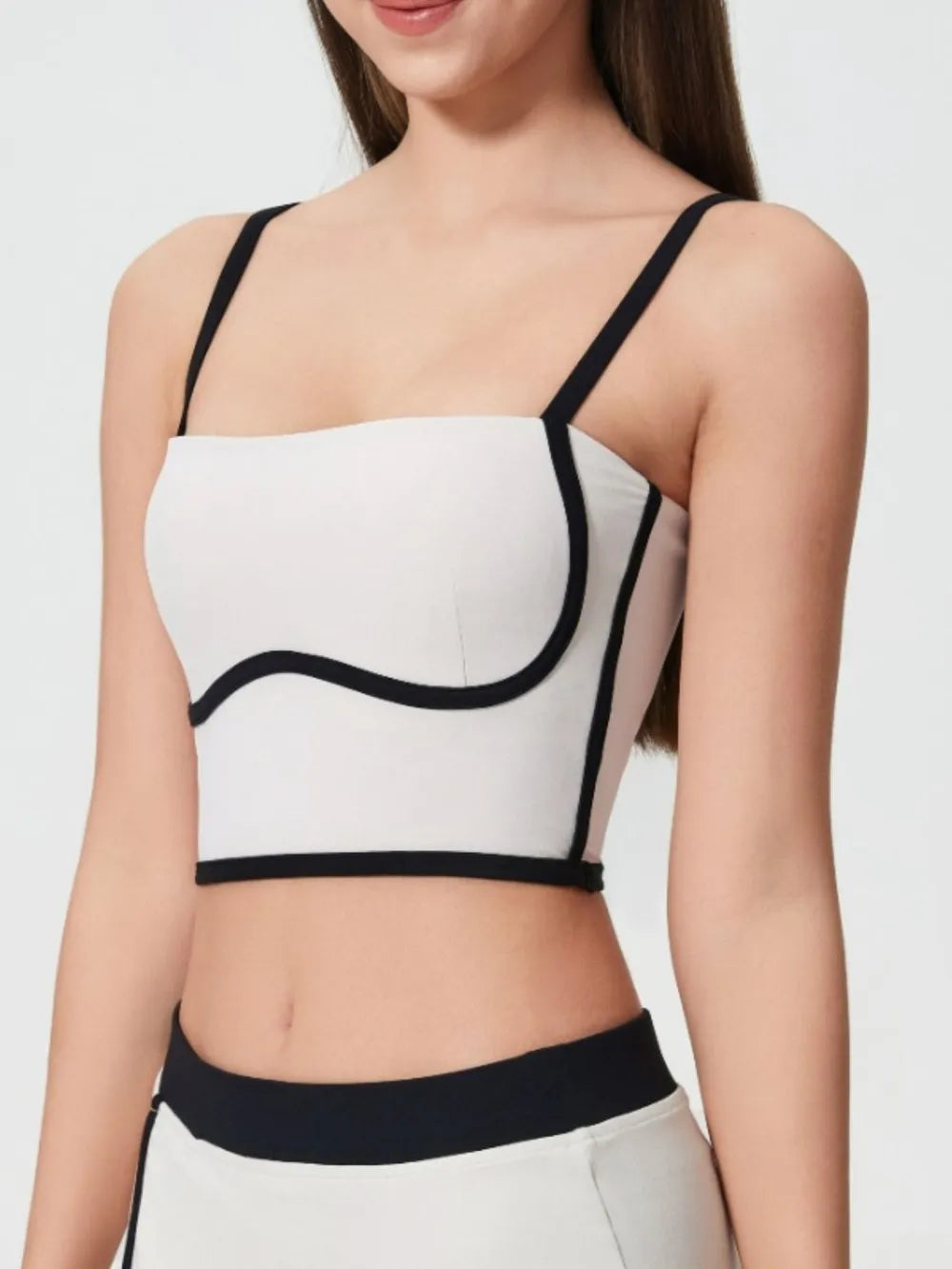 Contrast Trim Square Neck Active Cami with Detachable Chest Pads in White for Women
