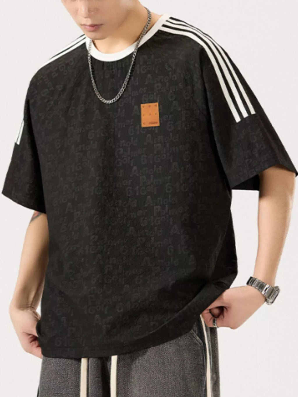 Striped Shoulder Relaxed Fit T-Shirt Plus Size in Black for Men