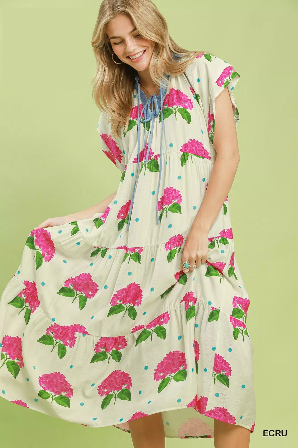 Hydrangea Print Tiered Midi Dress in Ecru for Women