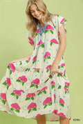 Hydrangea Print Tiered Midi Dress in Ecru for Women