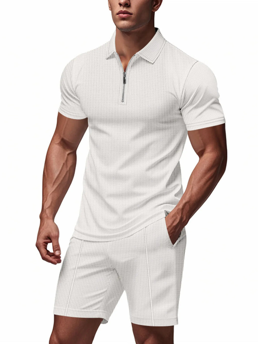 Plus Size Quarter Zip Short Sleeve Top and Shorts Set in White for Men