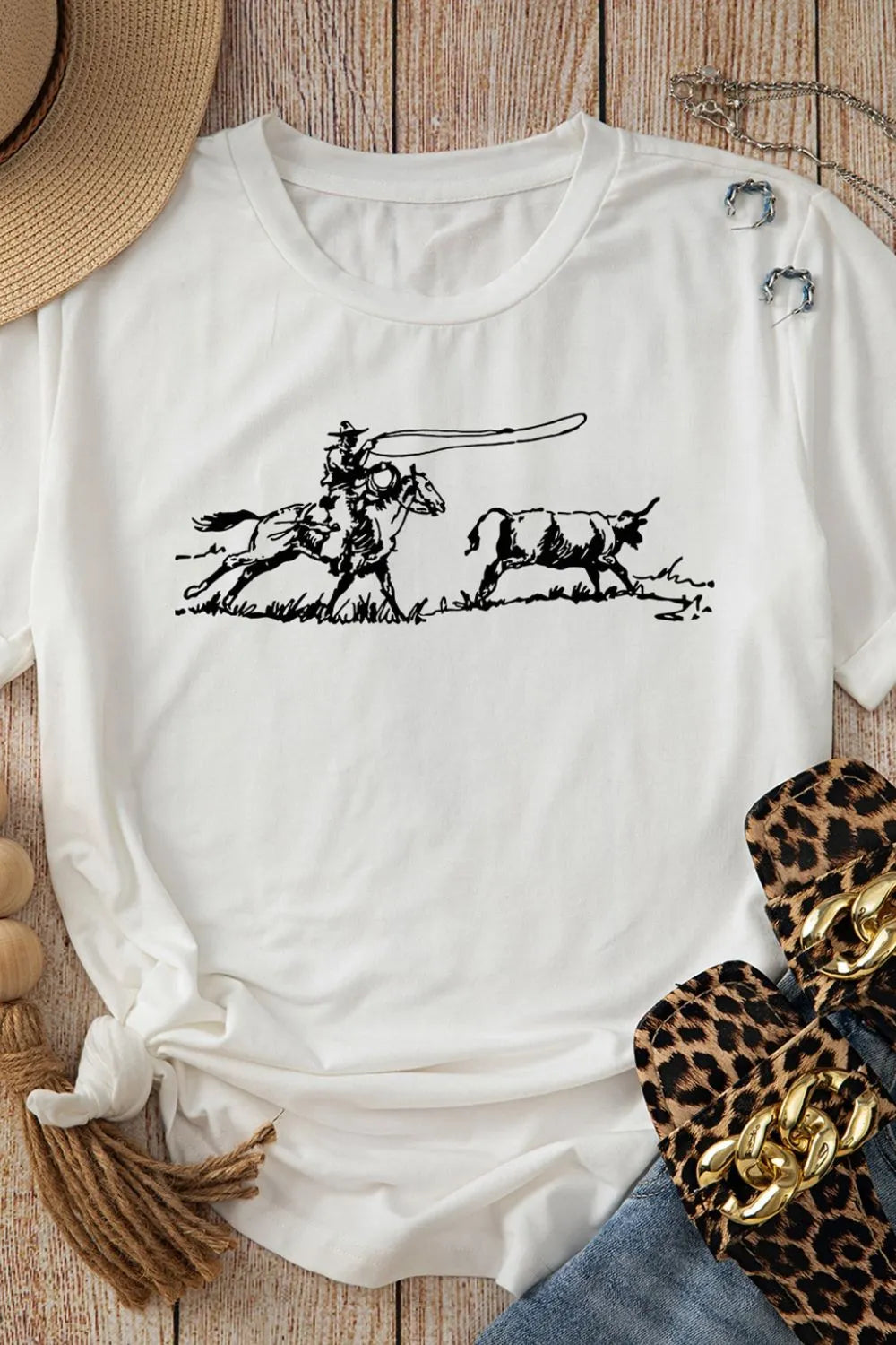 Western Rodeo Graphic Round Neck T-Shirt in White for Women