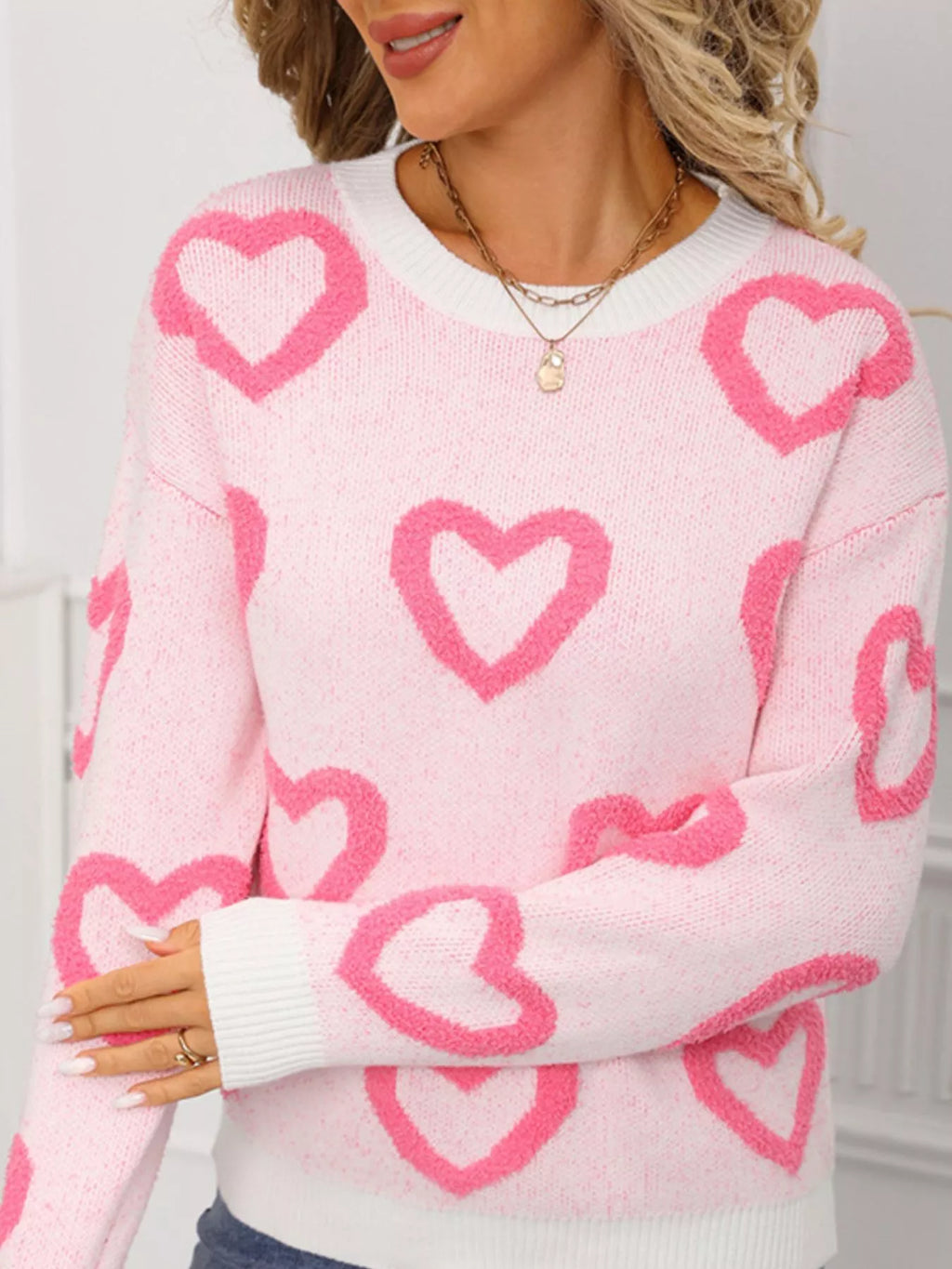 Valentines Day Heart Pattern Round Neck Sweater in White for Women