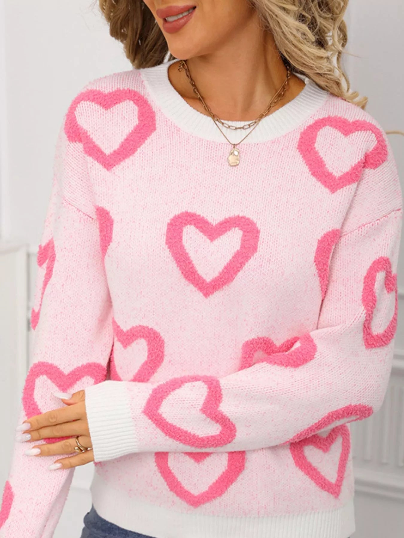 Valentines Day Heart Pattern Round Neck Sweater in White for Women