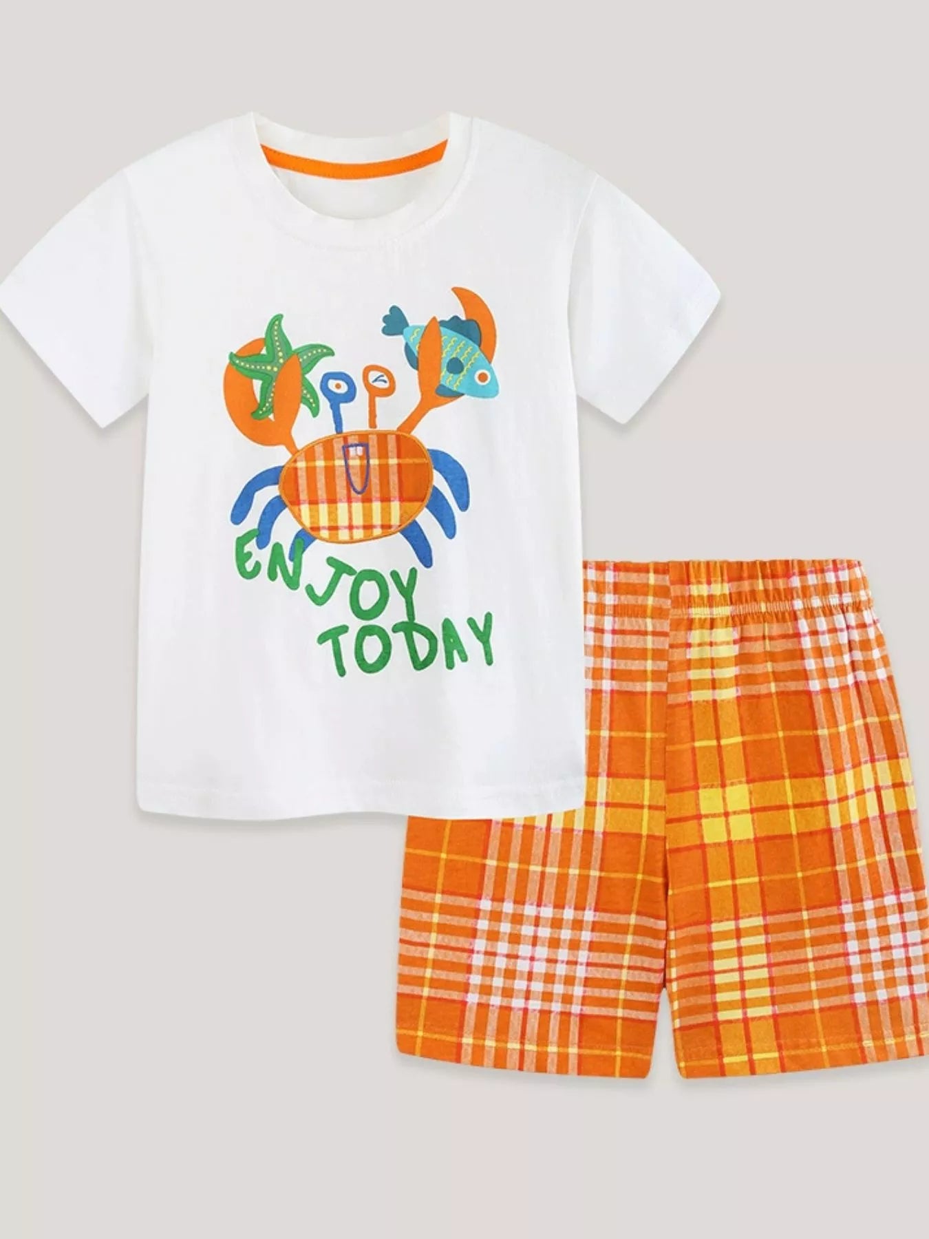 Crab Graphic Tee & Plaid Shorts Set in Tangerine for Boys