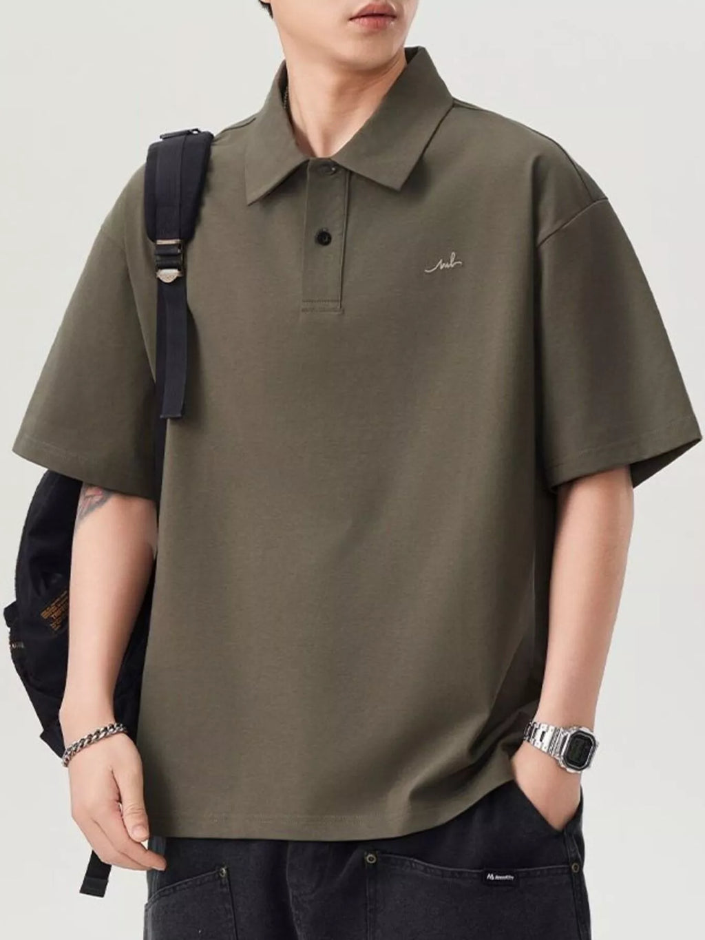 Plus Size Button Detail Short Sleeve Polo in Military Green in Dark Gray for Men