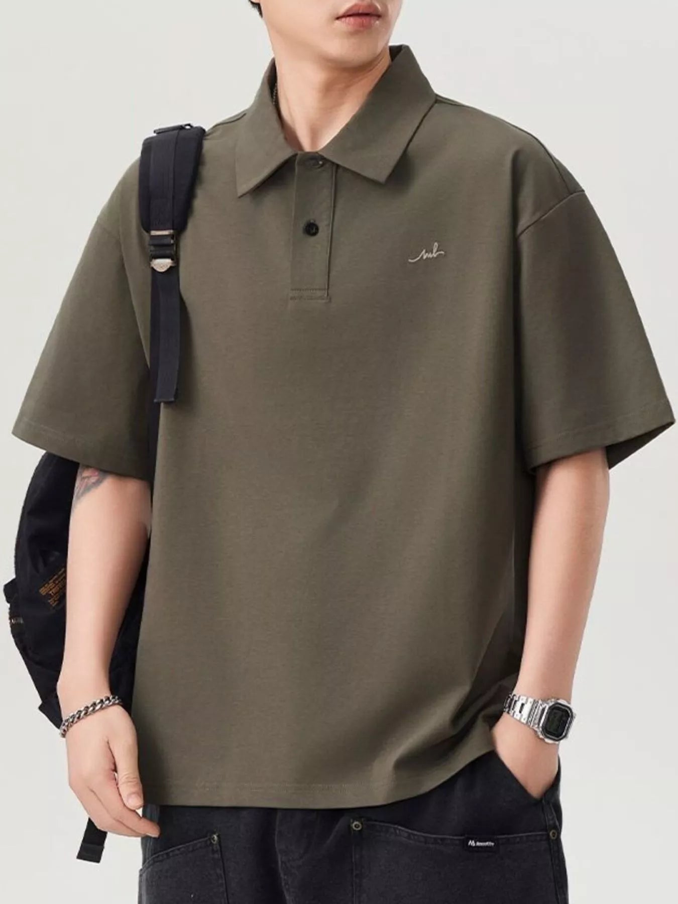 Plus Size Button Detail Short Sleeve Polo in Military Green in Dark Gray for Men