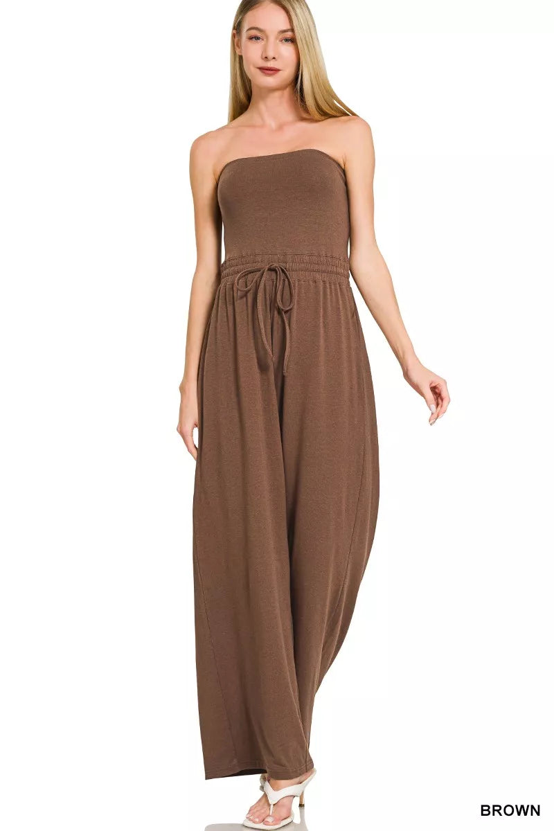 Tube Top Jumpsuit with Drawstring Waist in Brown for Women