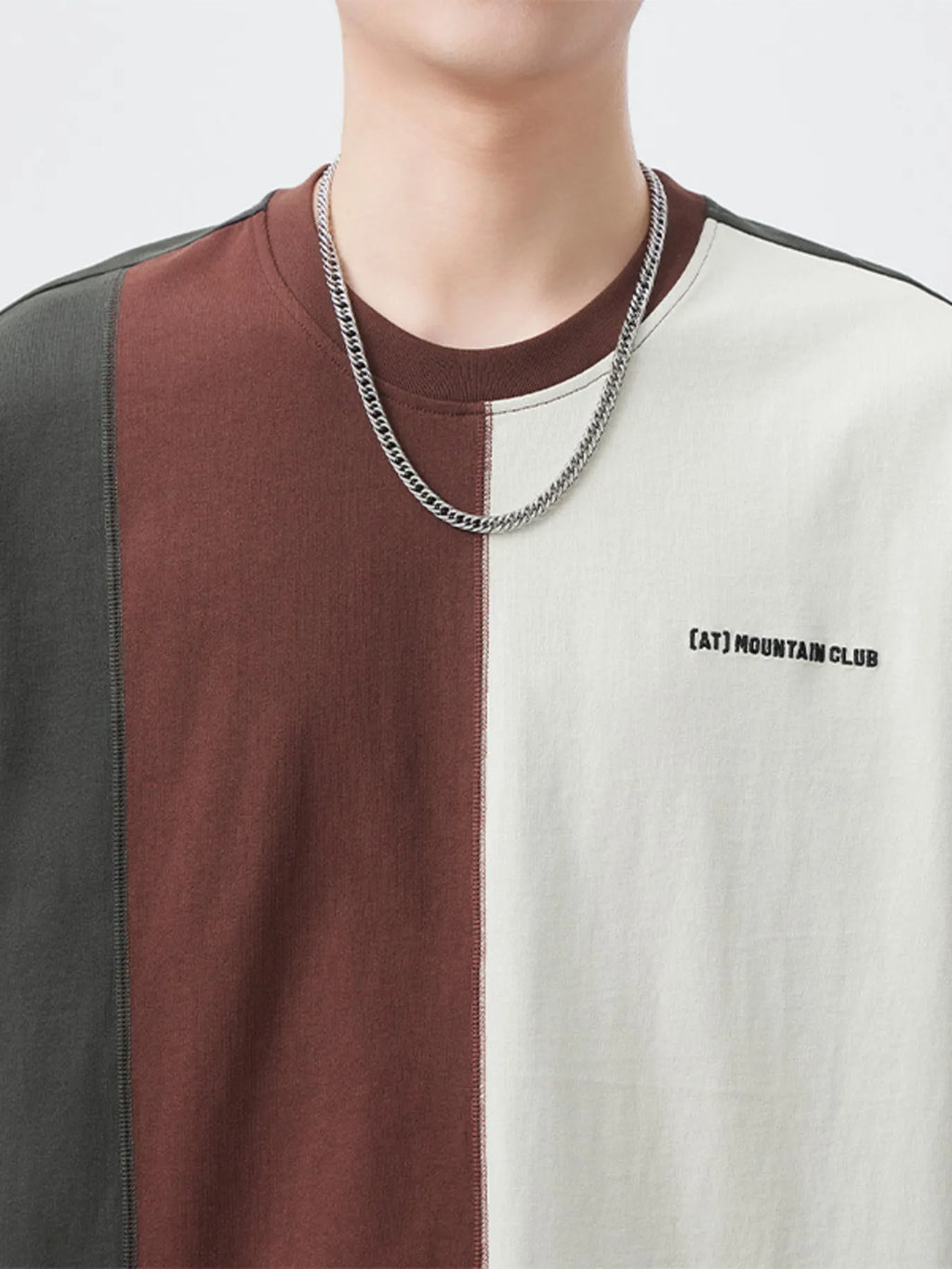 Plus Size Color Block Round Neck Short Sleeve T-Shirt in Apricot with Brown and Gray for Men