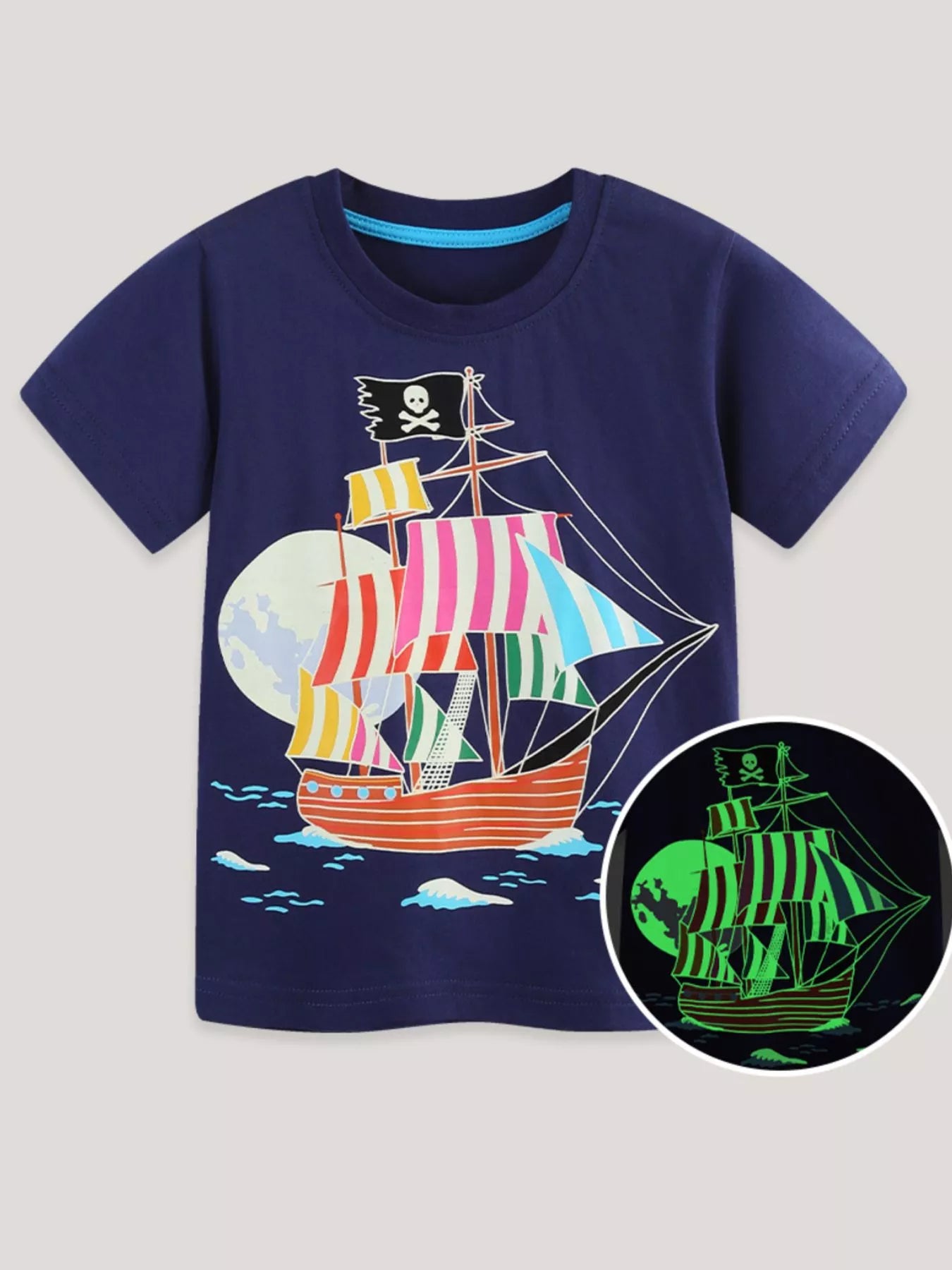 Pirate Ship Graphic Short Sleeve T-Shirt in Dark Navy for Boys