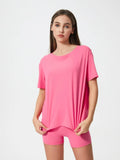 Round Neck Short Sleeve Active T-Shirt in Classic in Fuchsia Pink for Women