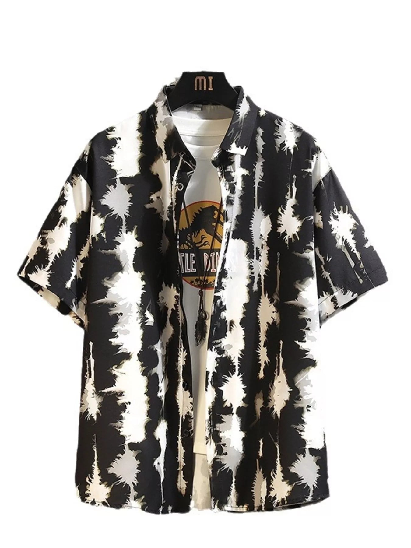 Printed Button Up Shirt and Shorts Set in Black for Men
