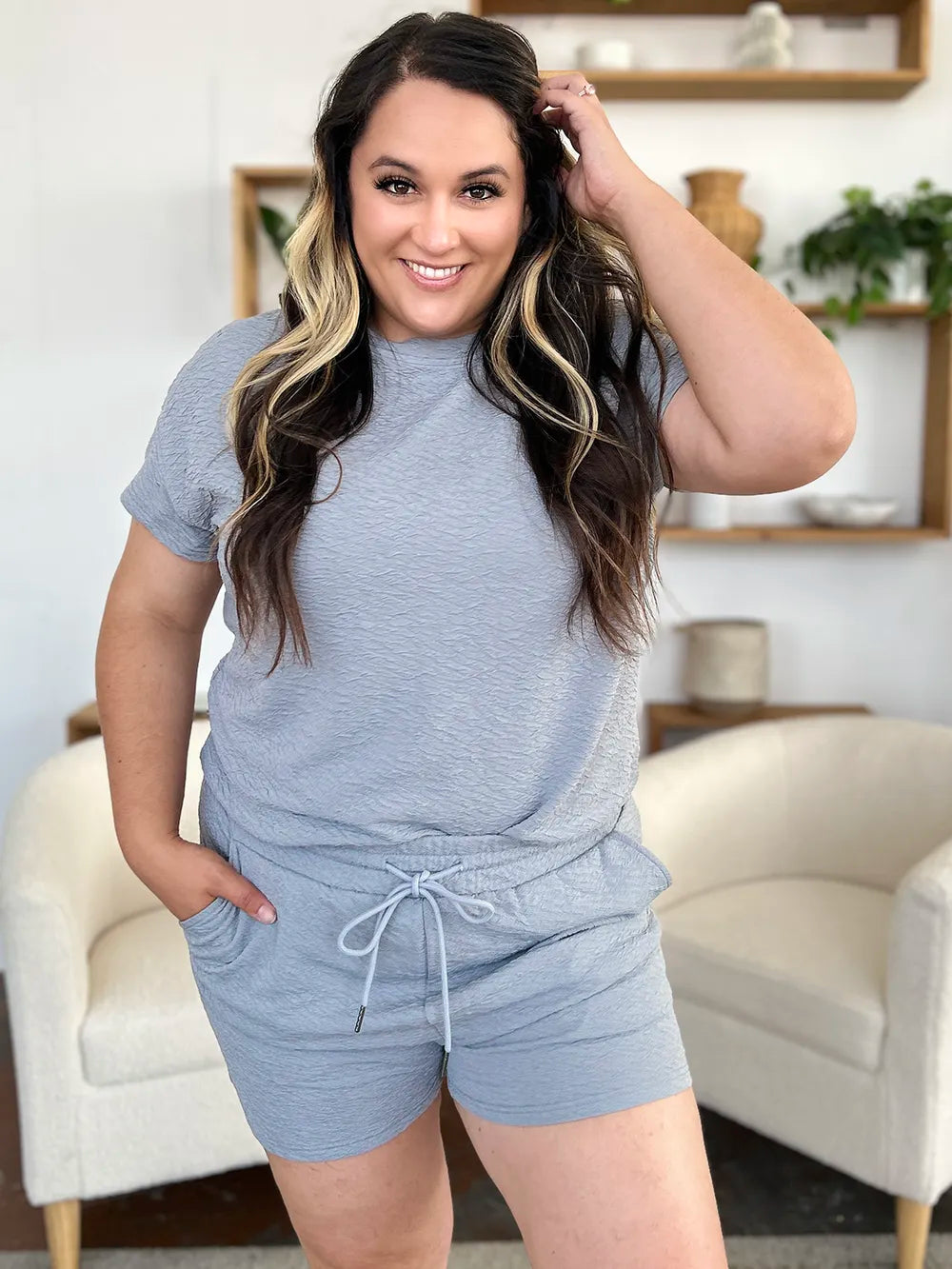 Plus Size Texture Short Sleeve T-Shirt and Drawstring Shorts Set in Cloudy Blue in Chestnut for Women