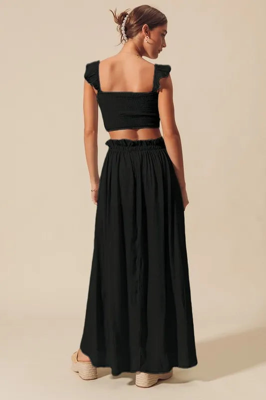 Smocked Top and Flowy Maxi Skirt Set in Black for Women