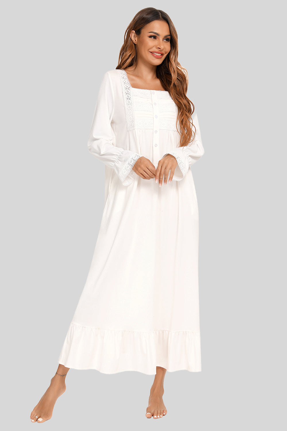 Lace Detail Square Neck Flounce Sleeve Night Dress in Dusty Pink for Women