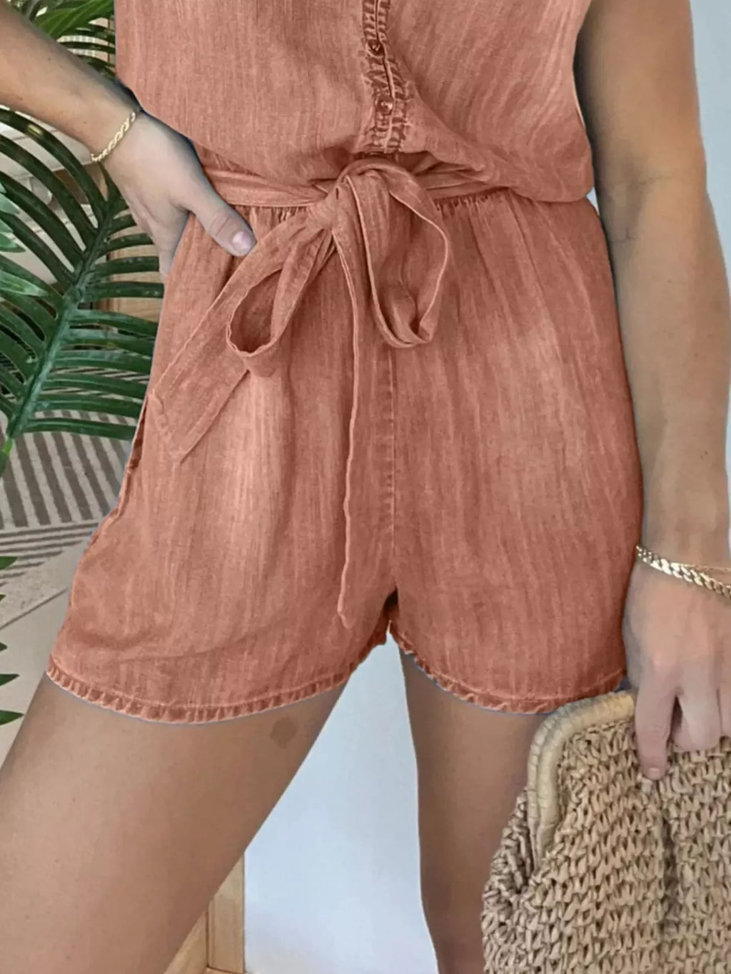 Plus Size Tie Waist Cap Sleeve Romper in Orange for Women