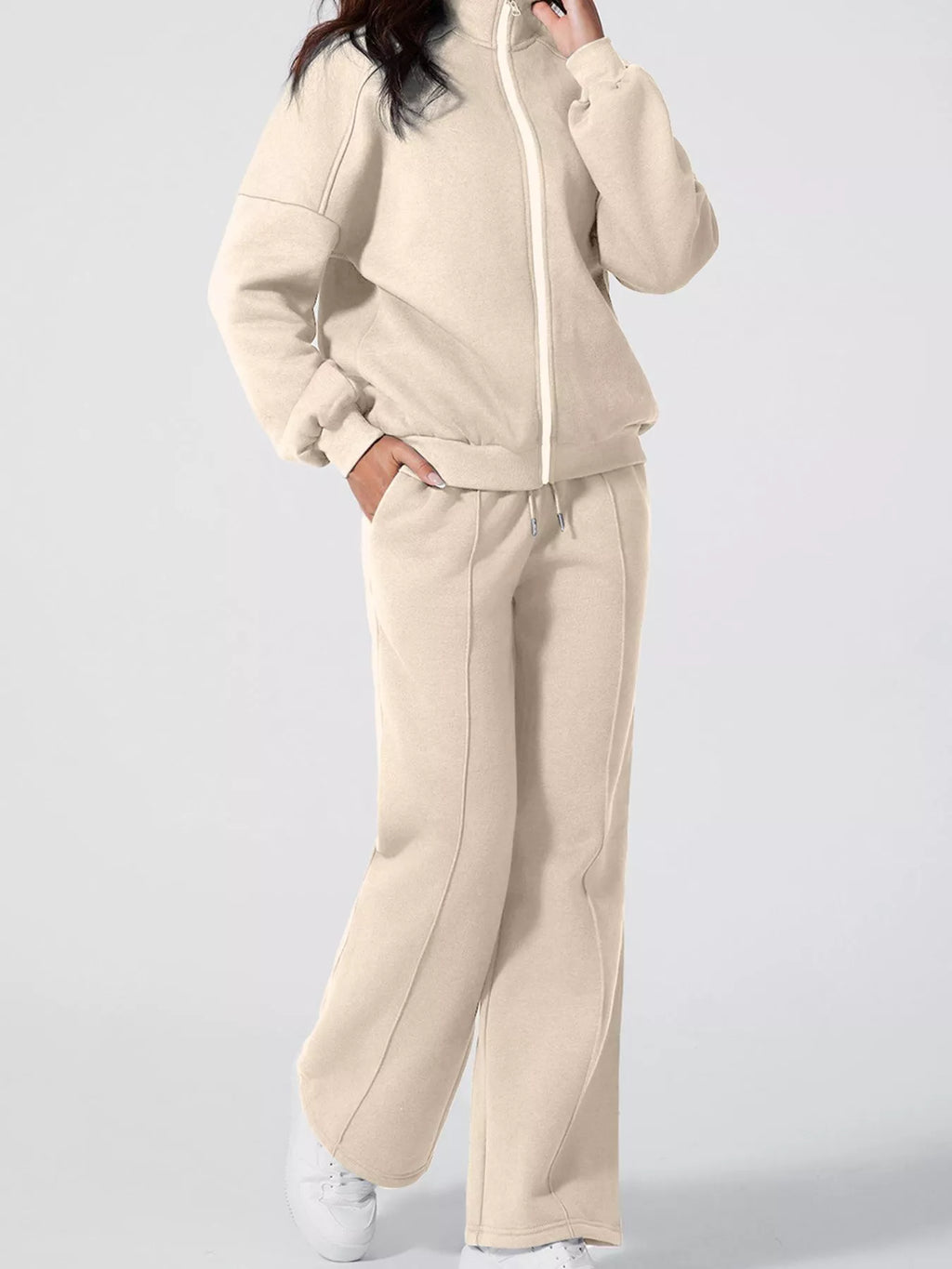 Drop Shoulder Zip Up Jacket and Drawstring Pants Active 2pcs Set in Beige for Women