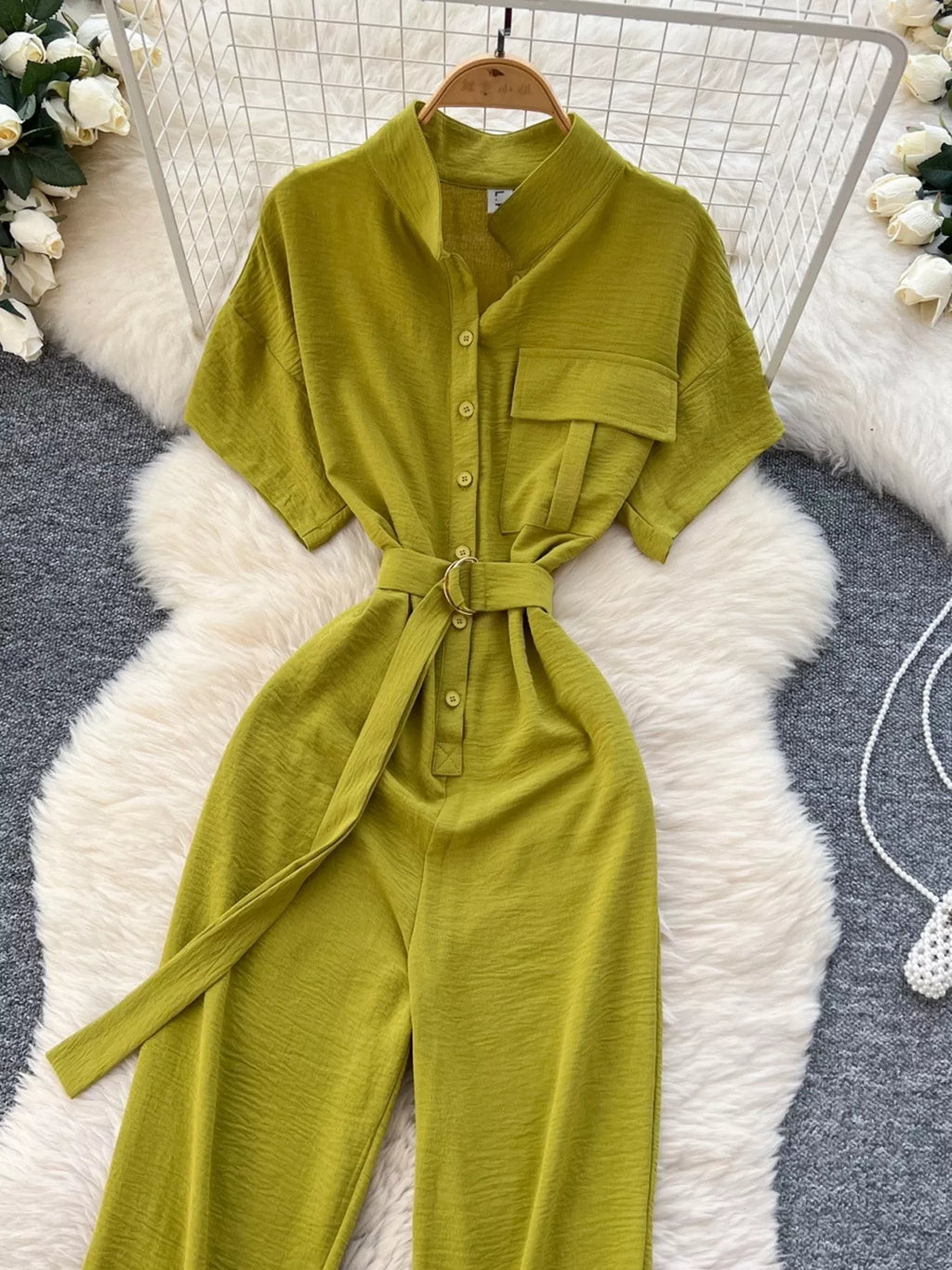 Red Button Front Wide Leg Jumpsuit for Women