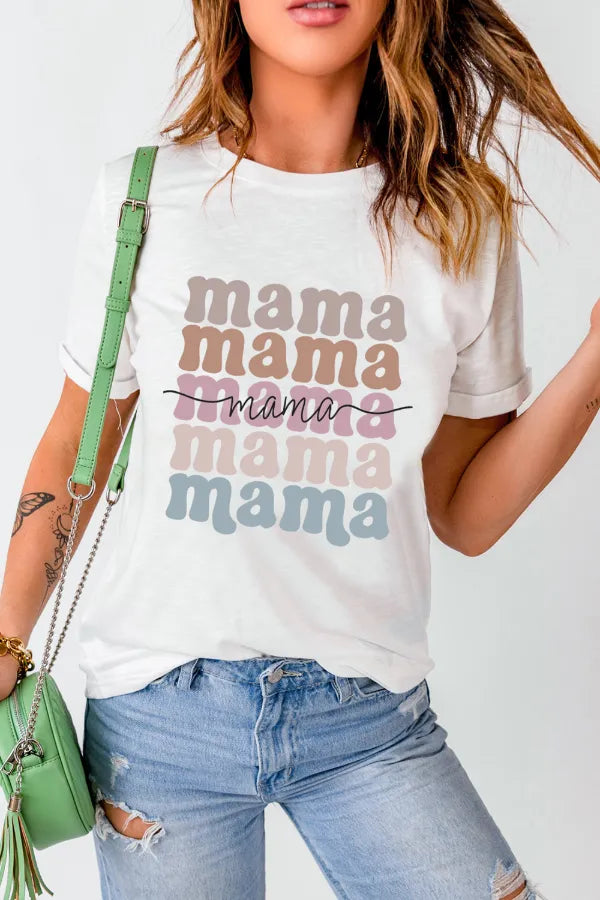 Mama Letter Crew Neck Tee in White for Women