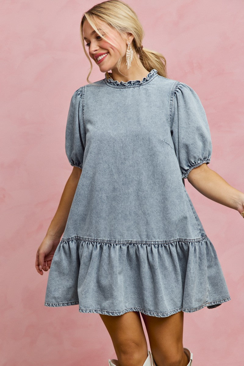 Denim Short Sleeves Mini Tiered Dress for Women