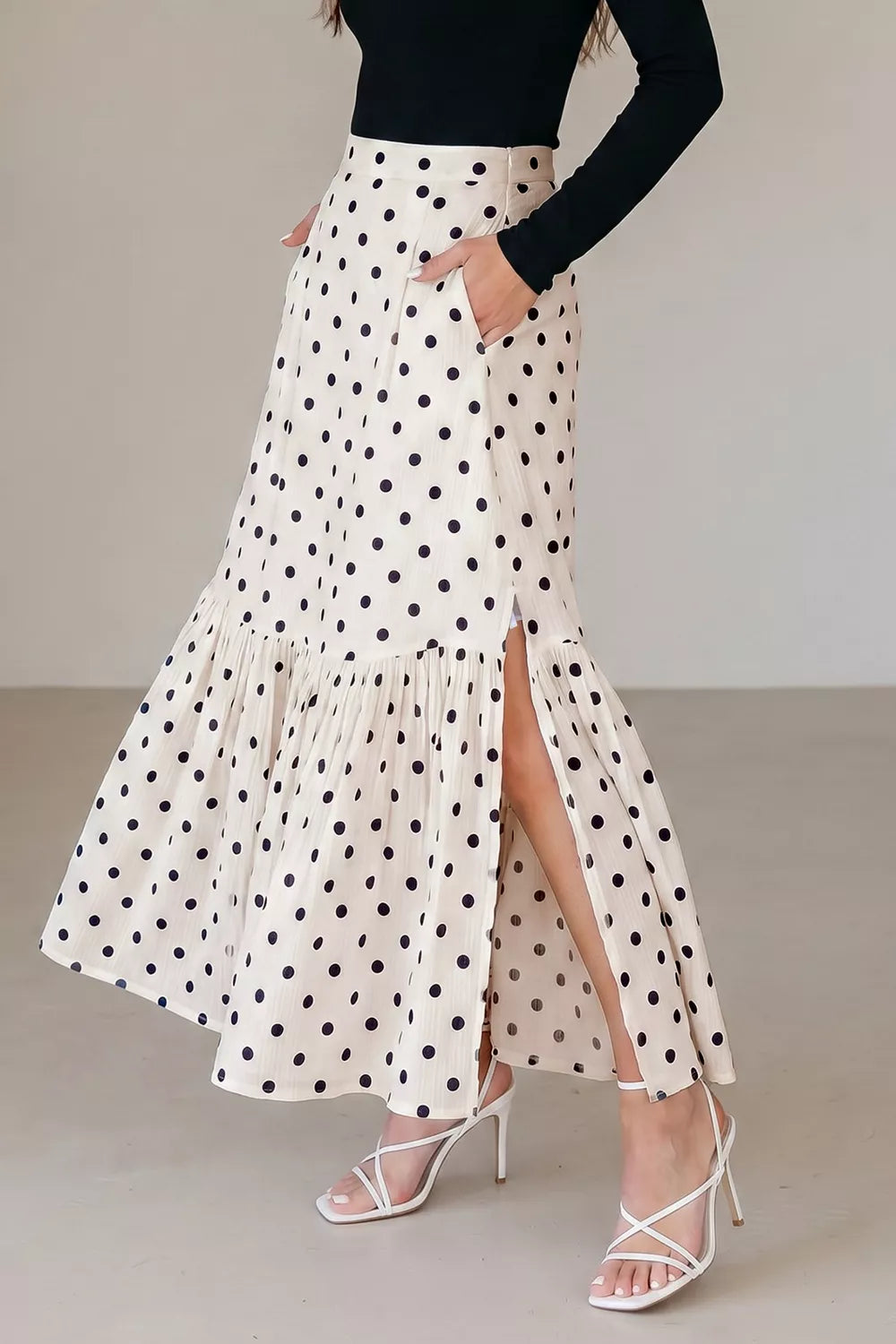 Polka Dot Ruffled Slit Maxi Skirt in Beige for Women