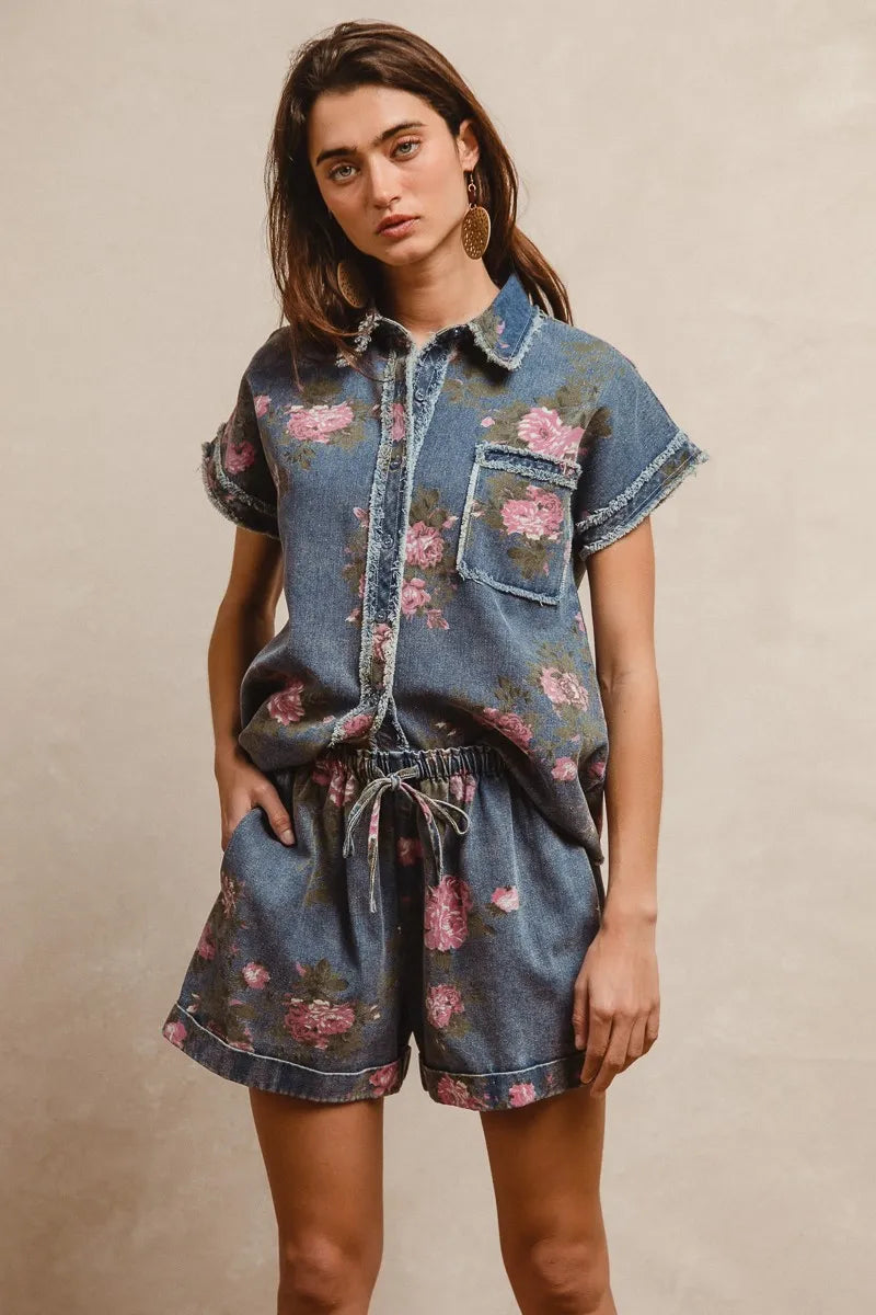 Floral Printed Denim Short Pants with Pocket for Women
